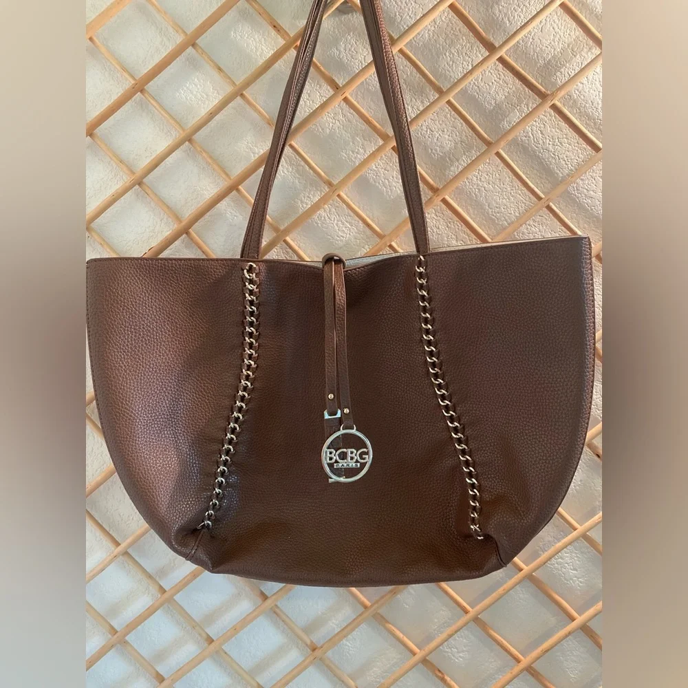 BCBG Paris Brown Leather Tote with Chain Trim Reversible